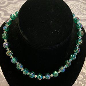 Iridescent Blue Green and Crystal Bead Vintage Necklace